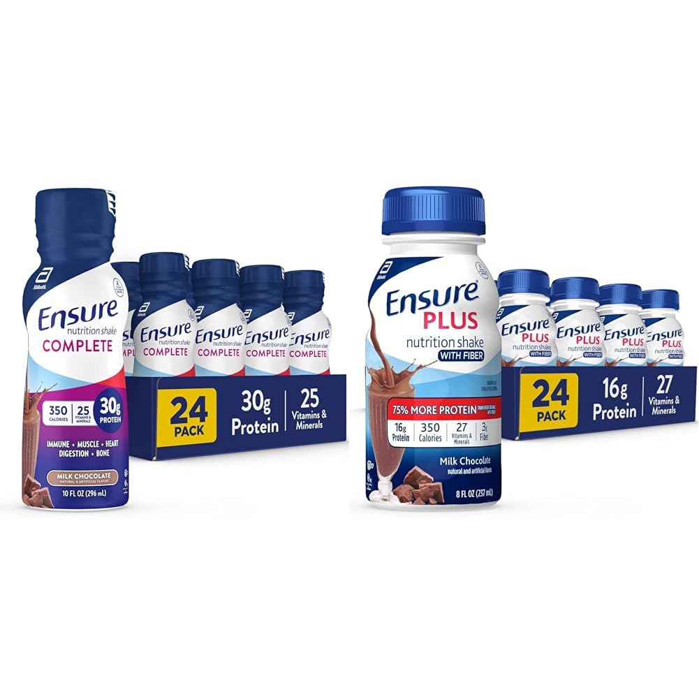 Vergewissern Sie sich COMPLETE Nutrition Shake & Ensure Plus Nutrition Shake With Fiber, 16 Gramm Protein, Meal Replacement Liquid, Milchschokolade, glutenfrei, 8 Fl Oz (Pack von 24)