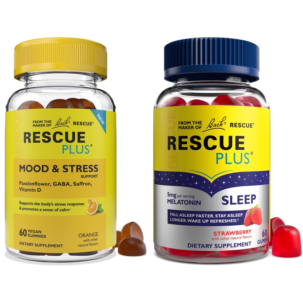 RESCUE Bach Plus Schlafgummis mit 5mg Melatonin/Dosis [und] Bach Plus Mood & Stress unterstützen Gummis mit Schlüsselnährstoffen und Botanicals - 2PK Nahrungsergänzungen, 60Ct Jede