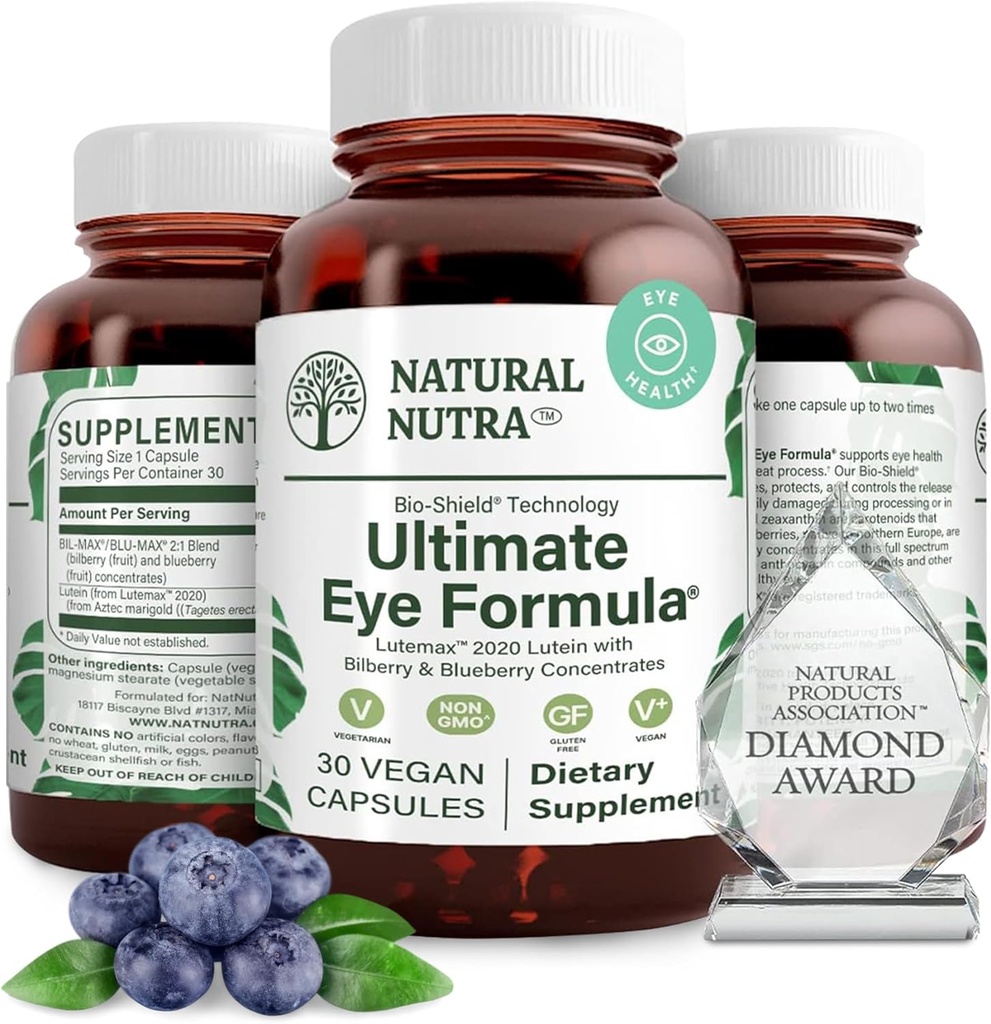 Natural Nutra Ultimate Eye Health Supplement - Bilberry & Blueberry Extract Blend pour le soutien de la vision de jour et de nuit, favorise la perception de couleur et la clarté des yeux - non-OGM, végétalien - 30 capsules (paquet de 3)