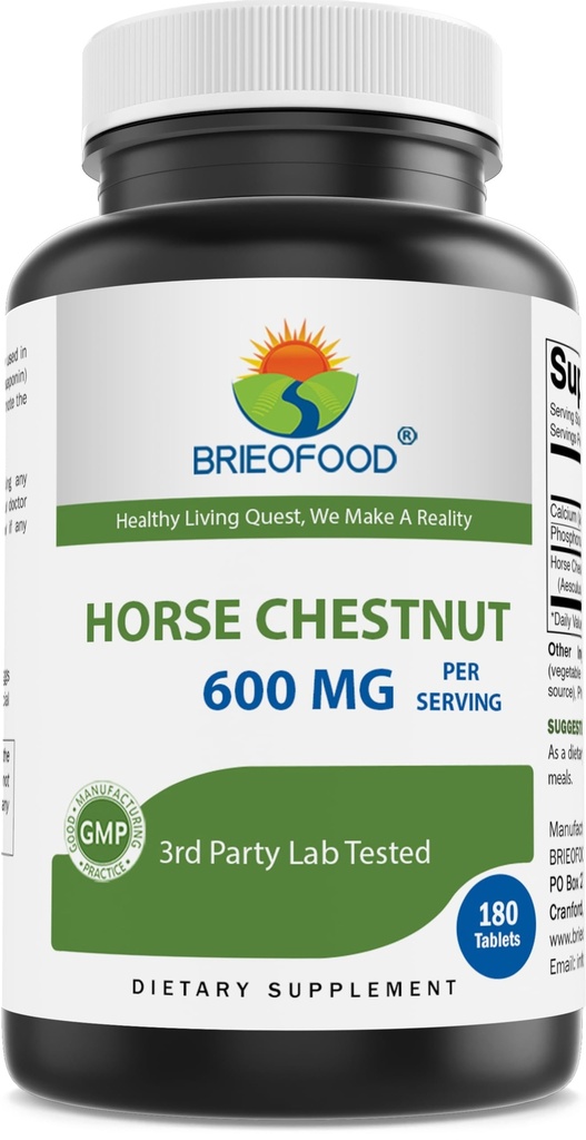 Brieofood Horse Chestnut Extract 600 mg pro Portion - 180 Tabletten - 3. Party Lab Getestet für Reinheit & Qualität - Unterstützt gesunde Zirkulation & Fluid Balance in den Beinen*