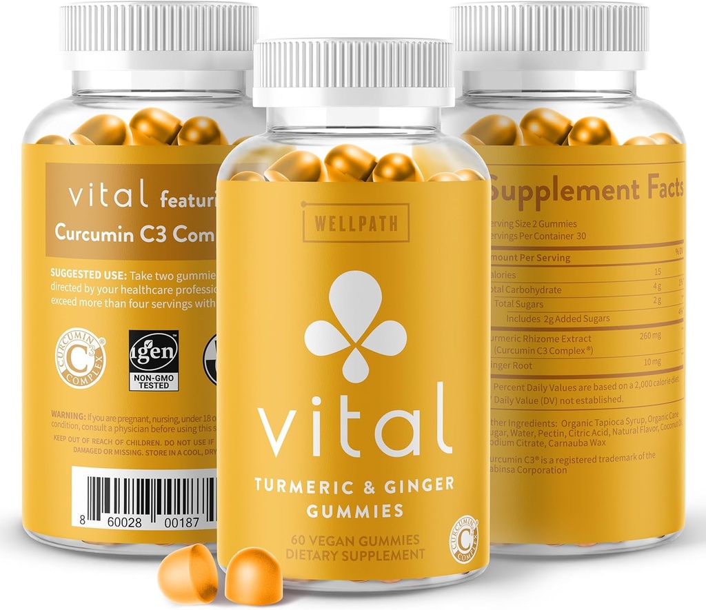 WellPath Vital Turmeric Gummies + Ginger - Supplément Curcumin de soutien joint, complexe Curcumin C3 de Curcumin Turcum, alternative goûteuse aux capsules, Turmeric & Ginger Root, Tropical Flavor Chews, Vegan, 60 Ct