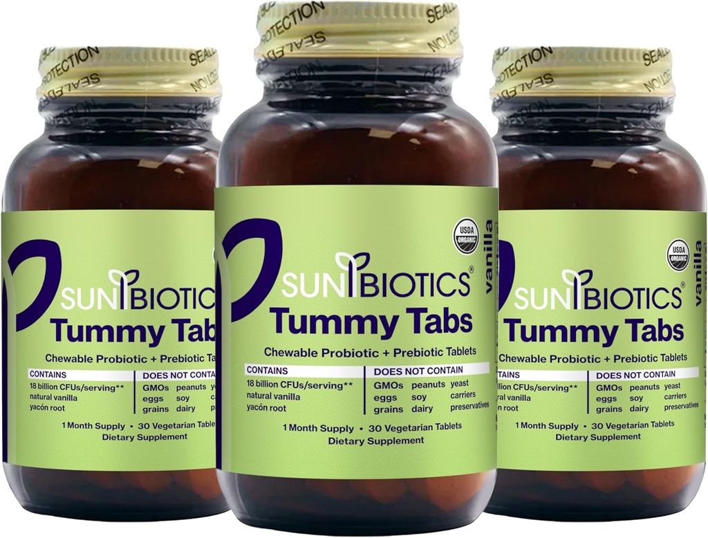 SUNBIOTICS Tummy Tabs - Chewable Probiotic and Prebiotic Tablets with 18 Billion CFUs of 4 Probiotic Strains for Good Gut Flora, Immune System, & Balanced Microbiome - Vanilla, (Pack of 3)