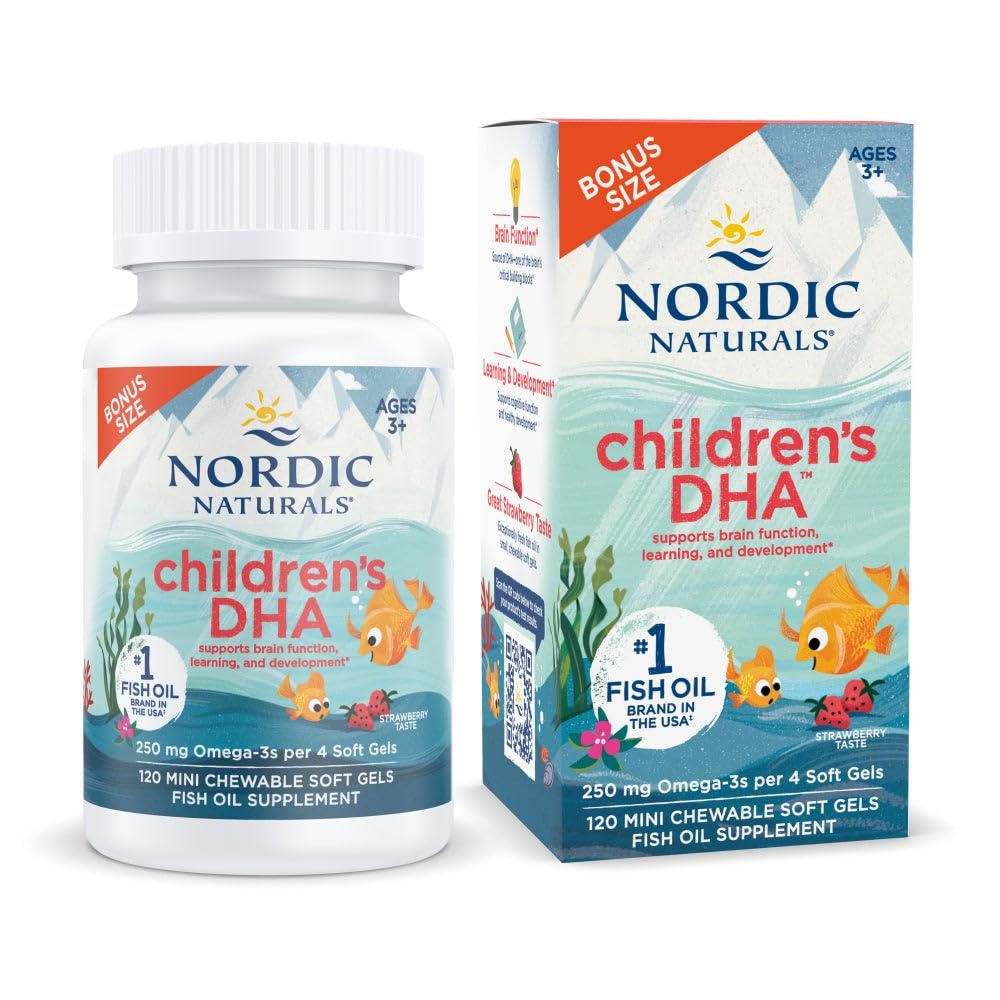 Nordic Naturals Kinder DHA, Erdbeeren - 120 Mini Kaubare Soft Gels für Kinder - 250 mg Omega-3 mit EPA & DHA - Gehirnentwicklung & Funktion - Nicht-GVO - 30 Portionen