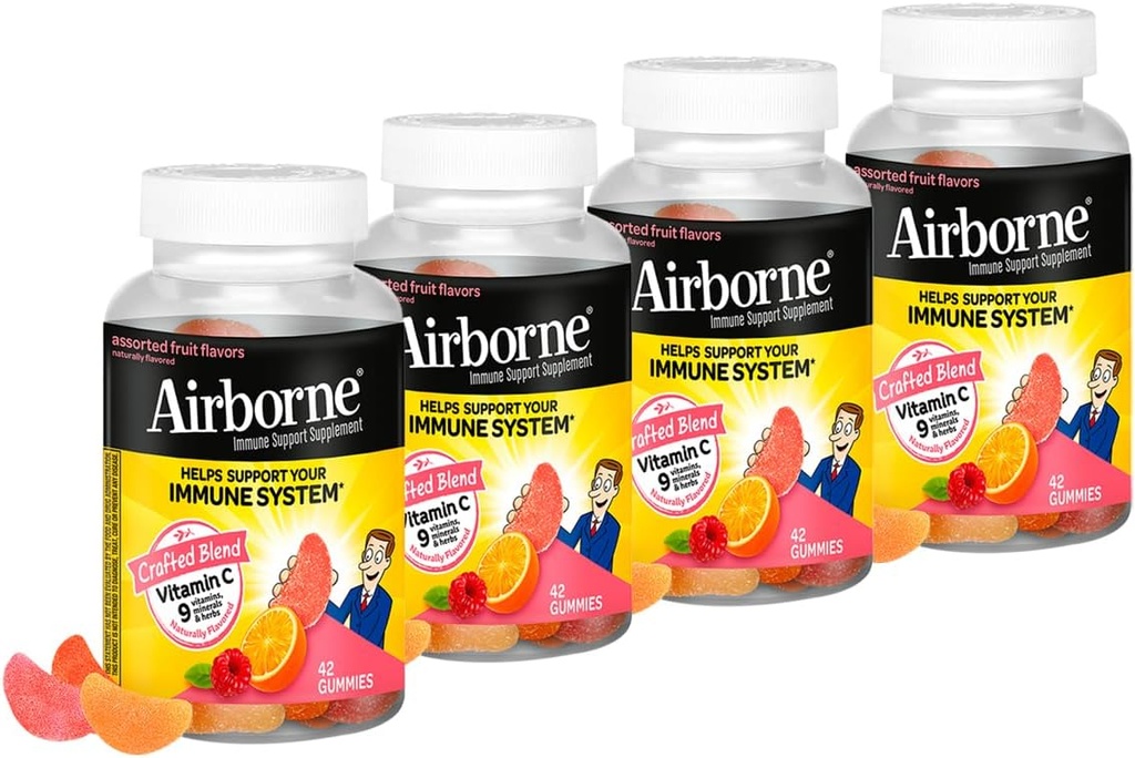 Airborne 750mg Vitamin C Immune Support Supplemento Gummies per Adulti, Assorted Fruit Flavor, Gluten Free Crafted Blend with Powerful Antioxidants Vitamins A C & E, 42 Gummies (4 Pack)
