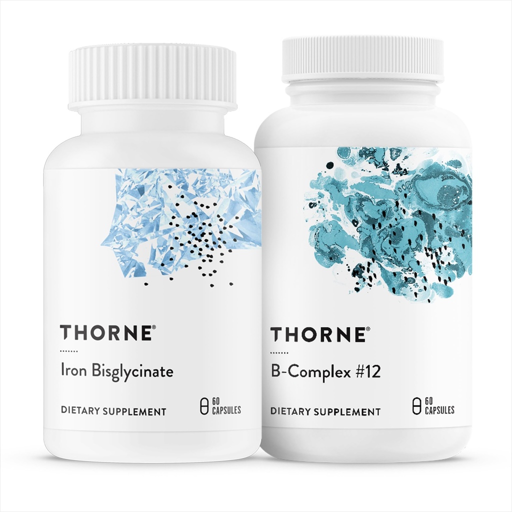 THORNE - Nährstoff Essentials Duo - Eisen Bisglycinat & B-Komplex #12 für Energieunterstützung und Blutbau - 60 Servietten