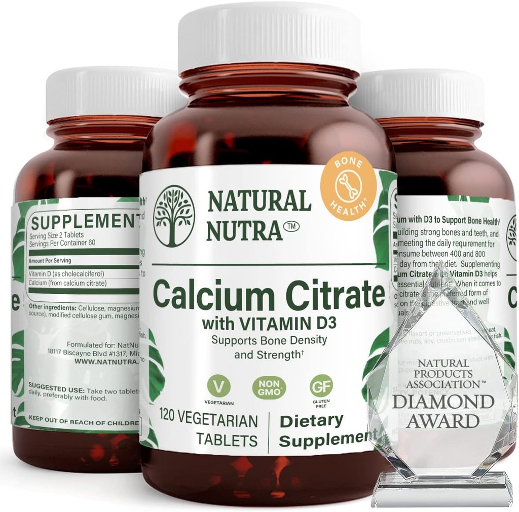 Natürliche Nutra Kalzium Citrat mit Vitamin D3, Ergänzung für Knochenstärke, fördert Muskelbewegungen & Done Gesundheit, Boost Heart Health, Stärkung der Knochendichte, Ideal für aktive Senioren, 120 Tabletten