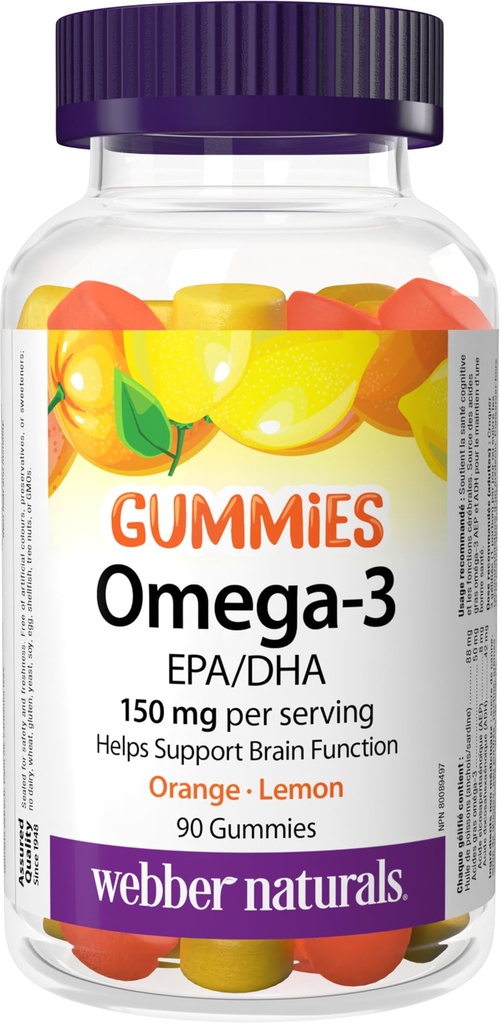Webber Naturals Omega-3 Gummies 50 mg EPA/DHA · EPA/DHA, orange · Cerise · Citron, 90 Gummies