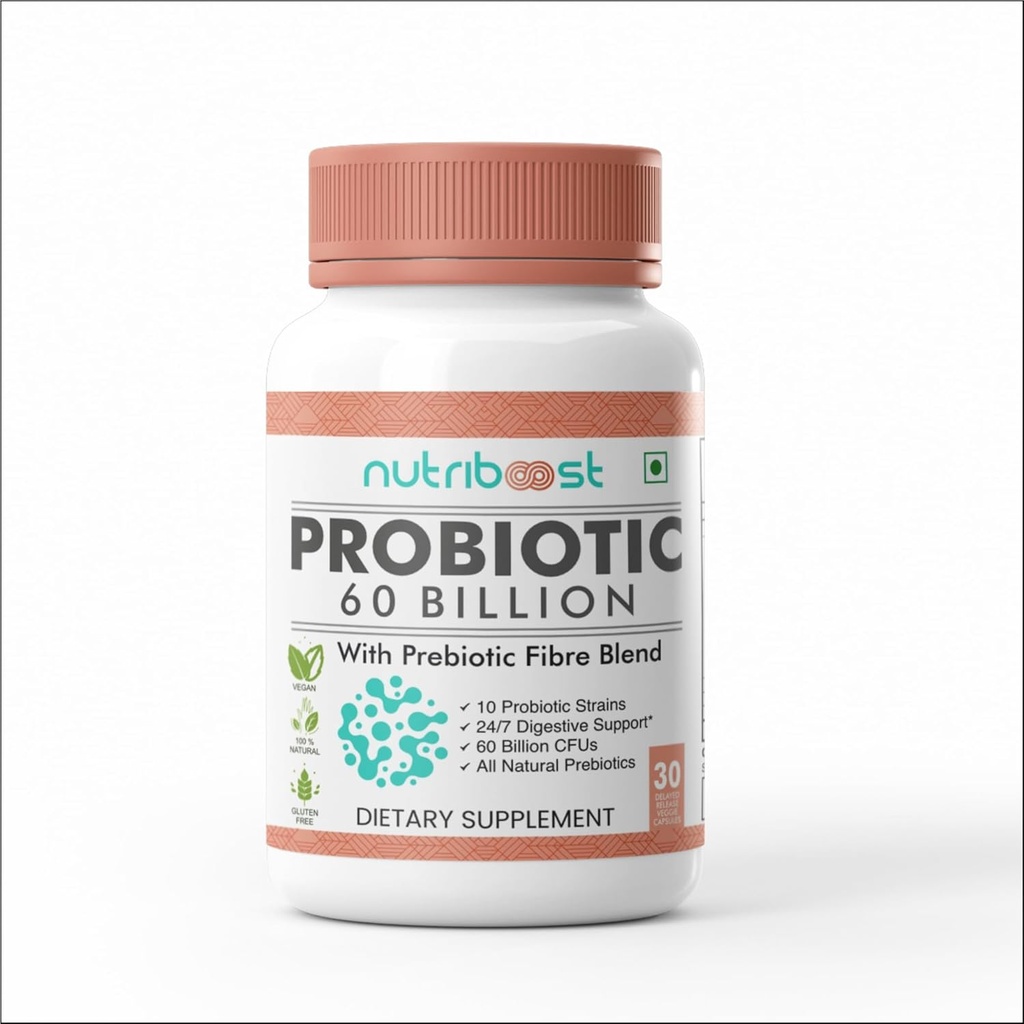 Probiotique avec mélange de fibres probiotiques Capsules de légumes - 60 Million CFU -10 Probiotique souche/digestion plus facile, alimentation complète/organique/naturelle pour les femmes et les hommes (60,0 portions)