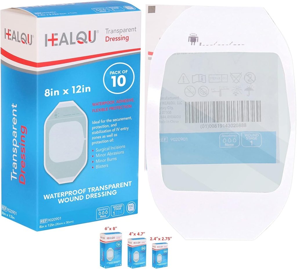 Rivestimento pellicola trasparente 8" x 12" (10 Pack) – Pannoni impermeabili per doccia post-chirurgica, Scudo IV, Tatuaggio Aftercare, Patch trasparenti e traspirante di HEALQU