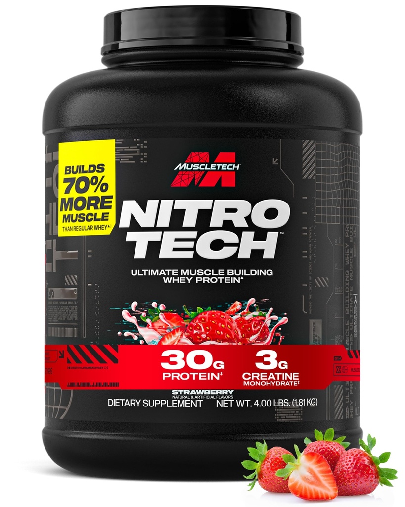 Muscletech Whey Protein Powder (Strawberry, 4 Pound) - Nitro-Tech Ultimate Muscle Building Formula con Whey Protein Isolate - 30g di Protein, 3g di Creatine & 6.8g di BCAA - Packaging May Vary