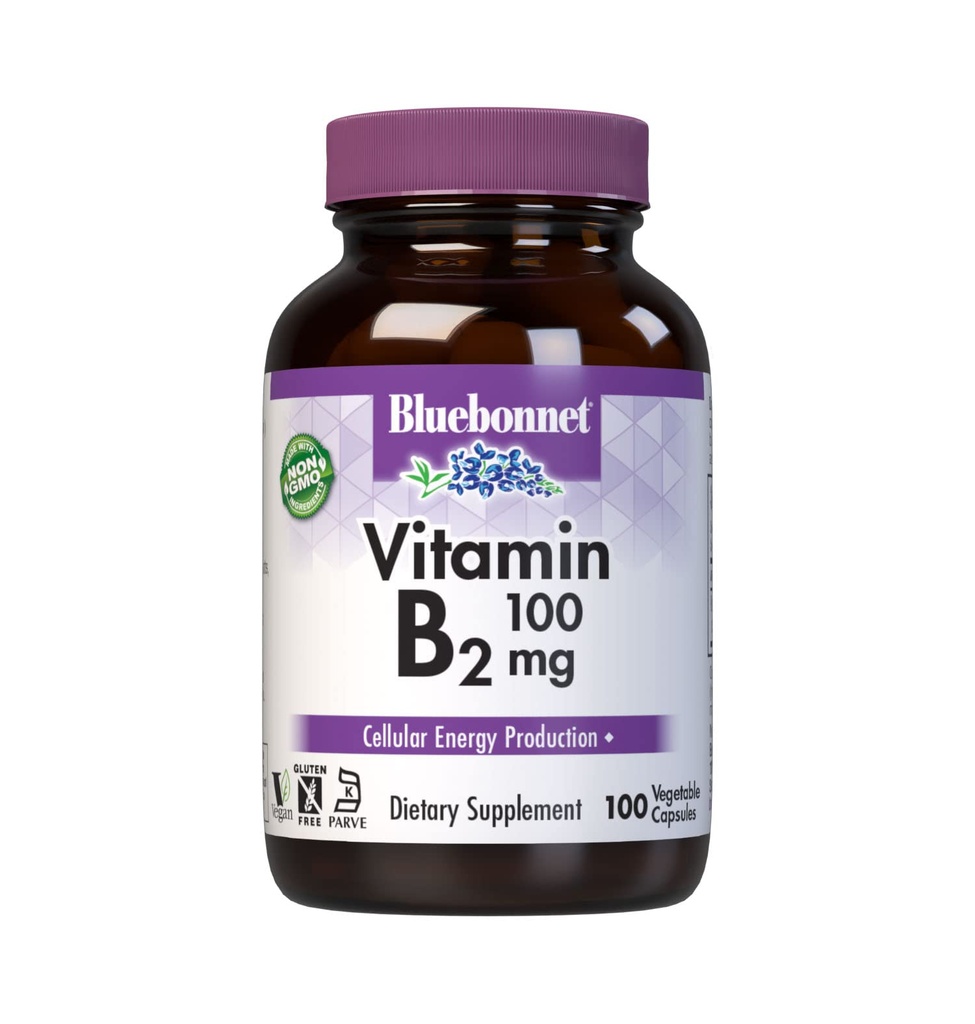 Bluebonnet Nutrition Vitamine B2 100 mg, pour la santé du système cardiovasculaire et nerveux, sans soja, sans gluten, sans casher, sans lait, végétalien, sans OGM, 100 capsules végétales, 100 portions