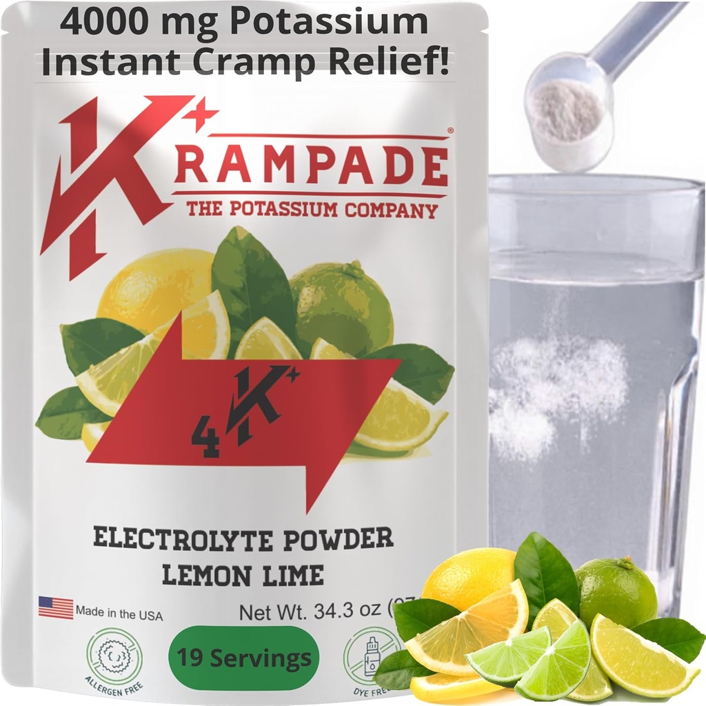 Krampade Original Lemon Lime 4K, 4000 mg Kalium Instant Cramp Relief Elektrolytisches Getränk Pulver | Entworfen für Sportler und Crampers | 19-Serving Resealable Pouch