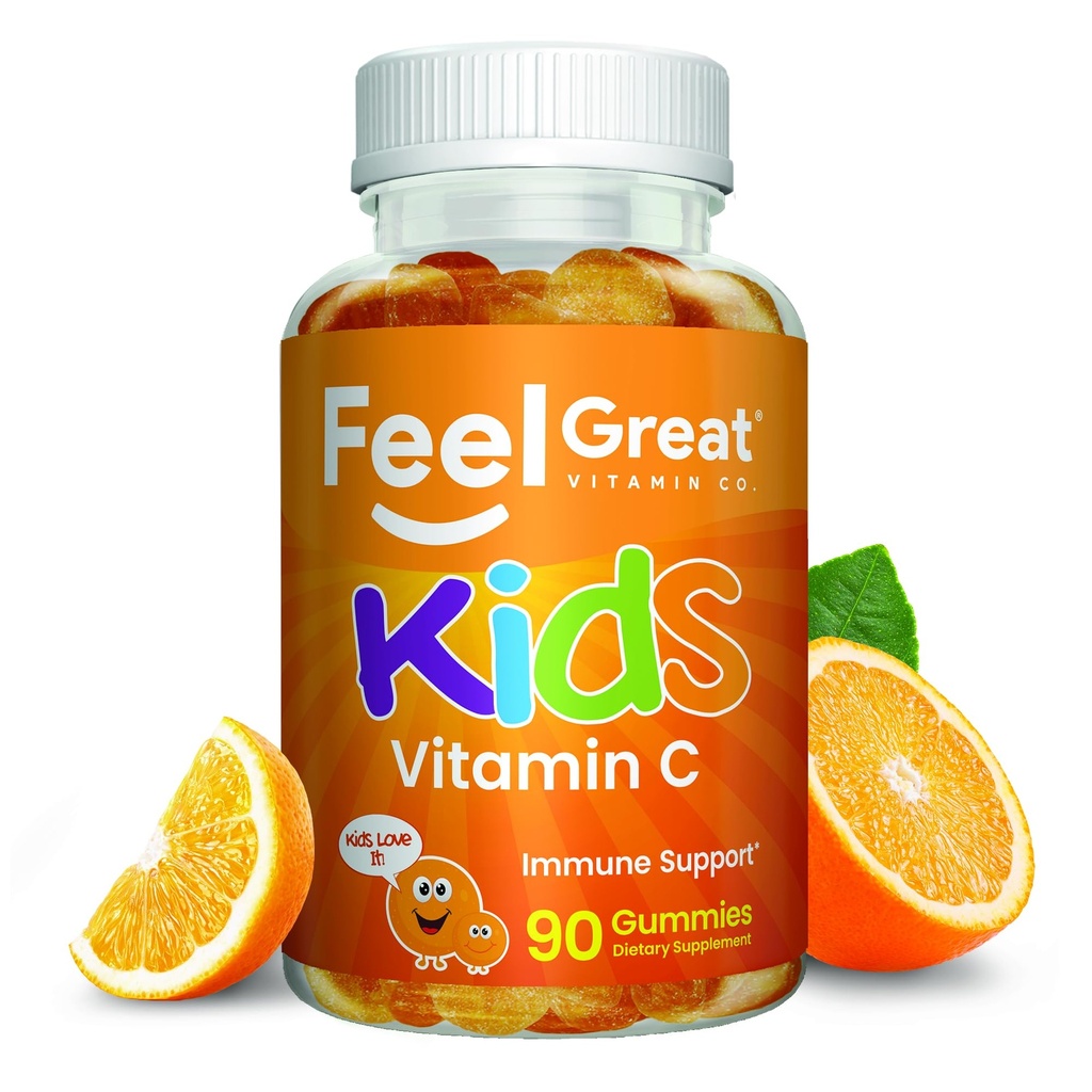 Kinder Vitamin C Gummis Kaubar für Immunabwehr | Pflanzenbasiert, Glutenfrei | Vegan | 250 mg pro Servieren | 90 Gummie | Vitamine für Kinder von Feel Great Vitamin Co.