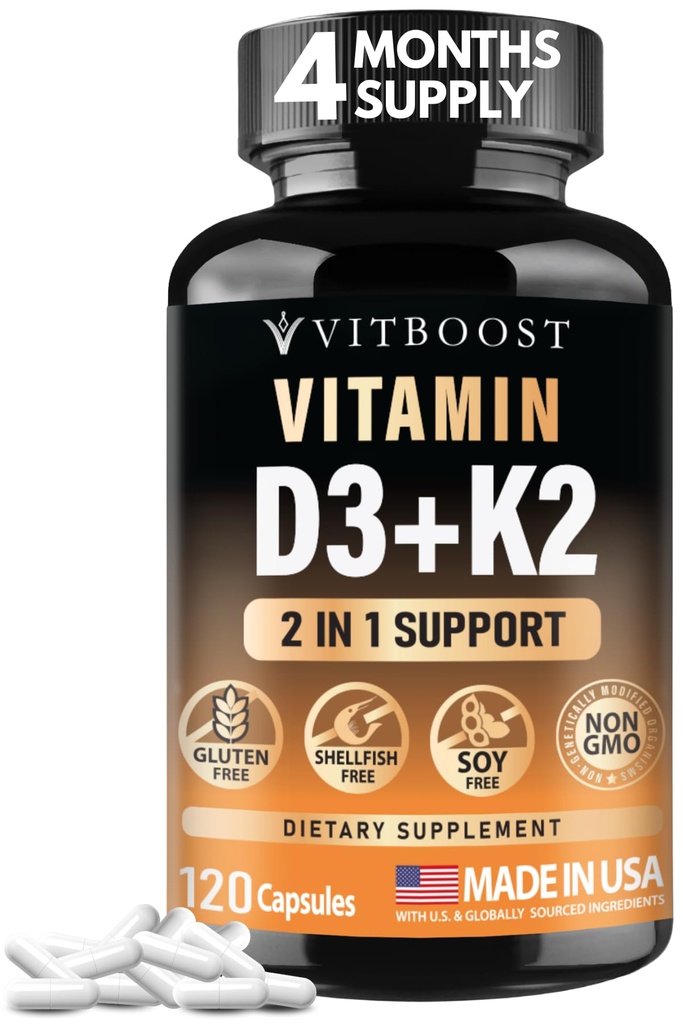 VITBOOST Complexe Vitamine D3 K2 - Facile à avaler - Vitamine D (D3) 5000 UI (125 μg) et K2(MK-7) 90 μg Non-GMO (sans gluten) États-Unis Fabriqué 120 capsules