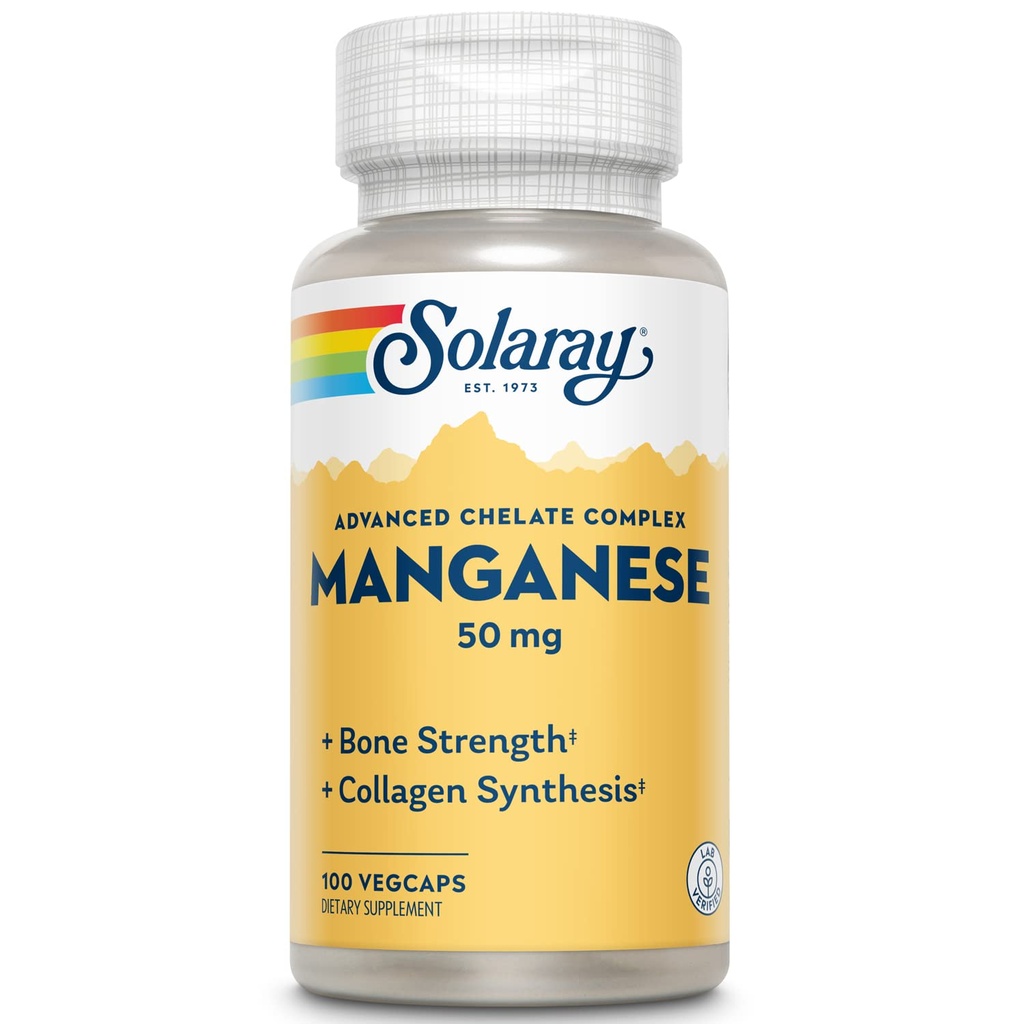 SOLARAY Manganese Supplemento 50 mg - Minerali Trace Essenziali - Integratori Minerali Trace Avanzati per Bone Forza e Bone Assistenza Sanitaria - Lab verificato, 60-Giorni Garanzia, 100 Serve, 100 VegCaps