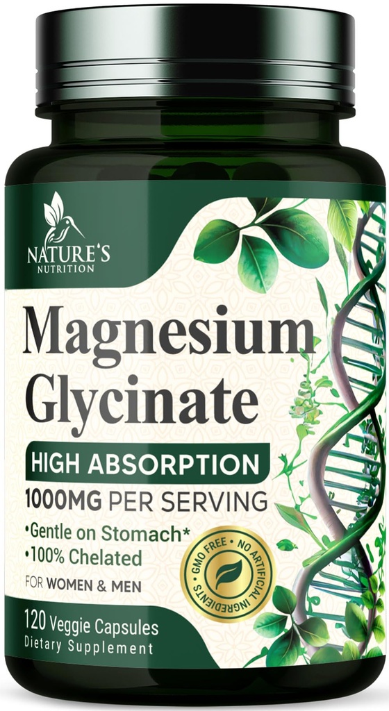 Magnesium Glycinate 1000mg - Chelat für Ultra Absorption, Magnesium für Knochen, Muskel, Nerves & Heart Health Support, Natures Sleep Support, Beste Mag Supplement Pillen für Ganzkörper - 120 Kapseln