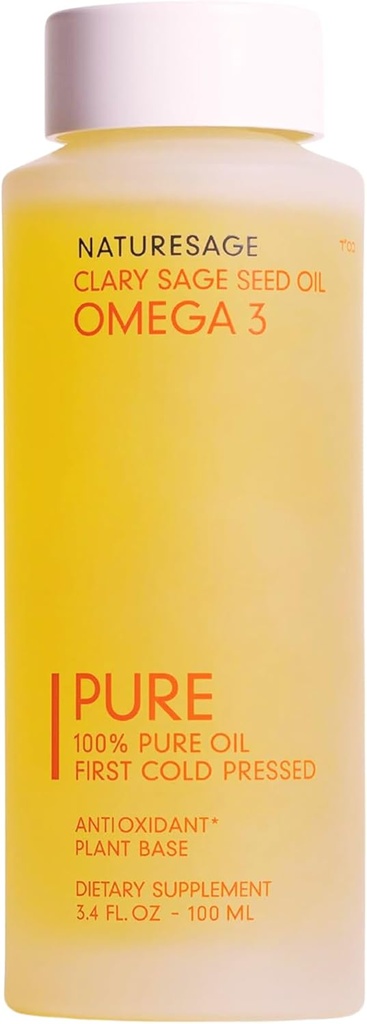 Huile d'Oméga 3 liquide végane pure, alternative végétale à l'huile de poisson oméga 3, 3,4 fl. oz. – Cold Pressed from Clary Sage Seed – Kosher - supplément acide gras oméga 3 avec antioxydants