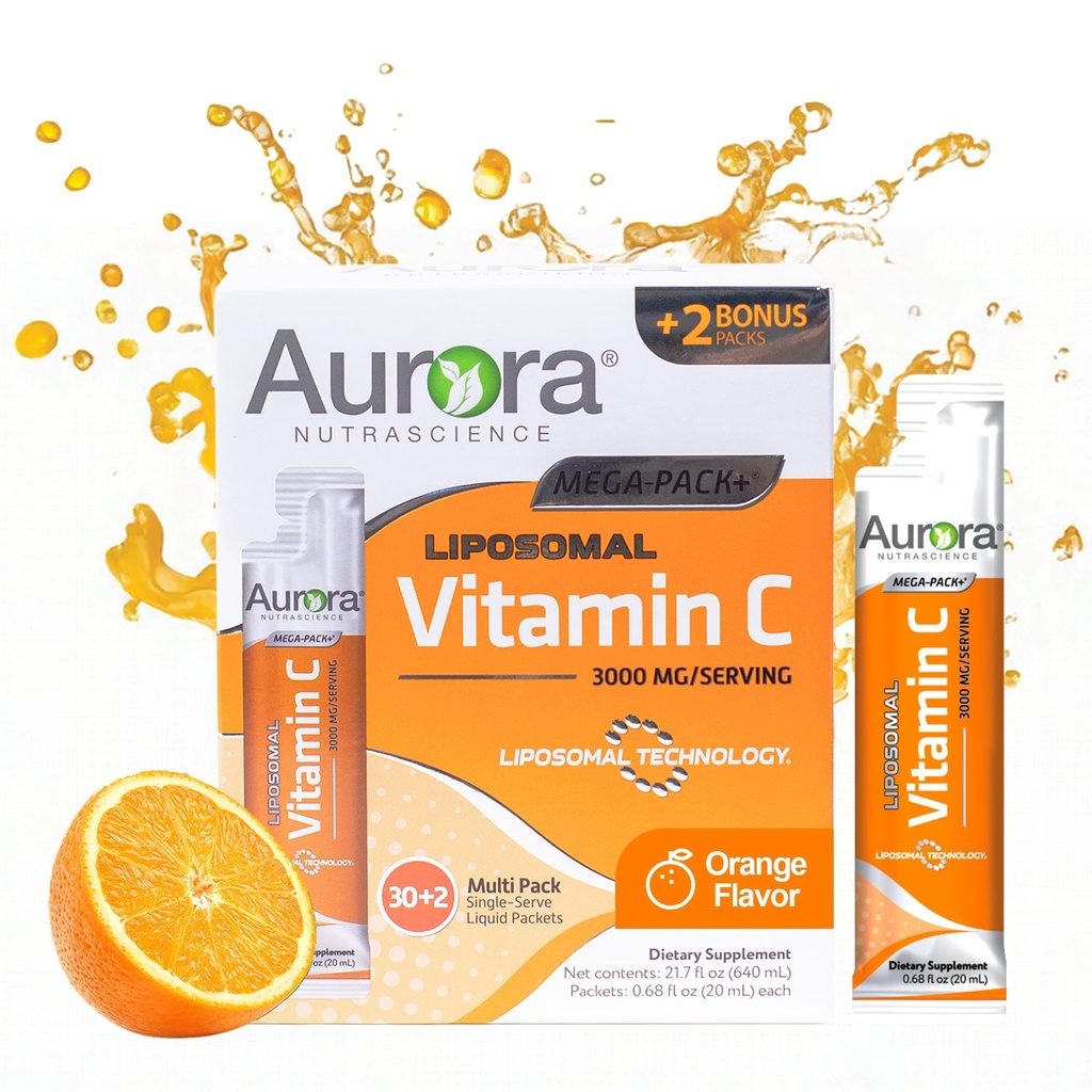 Aurora Nutrascience Liquido Liposomico Vitamina C - Integratore di supporto Immune sano per adulti, Zucchero Libero, 3000 mg per porzione, Vegan, Gluten Free, Non-OGM - 32 Packets di Serve Singola, Arancione