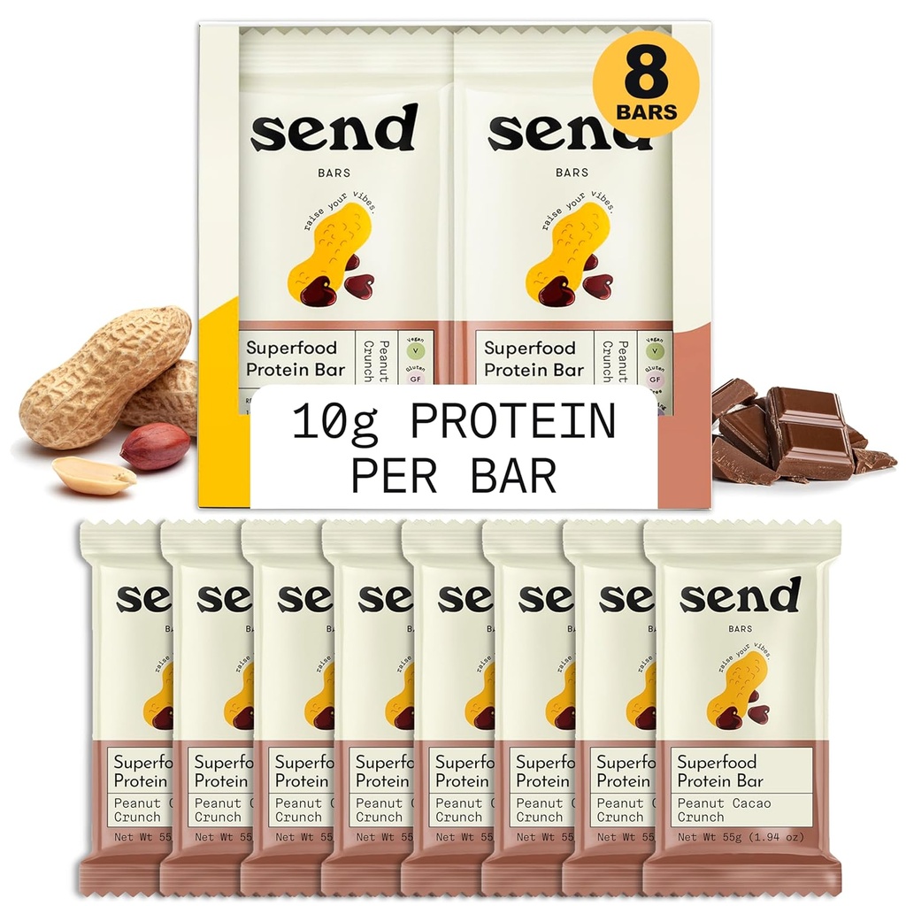 Envoyer des barres végétaliennes à base végétale de protéines saines, avec des verts (peanut Cacao Crunch, 8 barres) – seulement des ingrédients réels, zéro sucre ajouté, sans gluten, sans lait