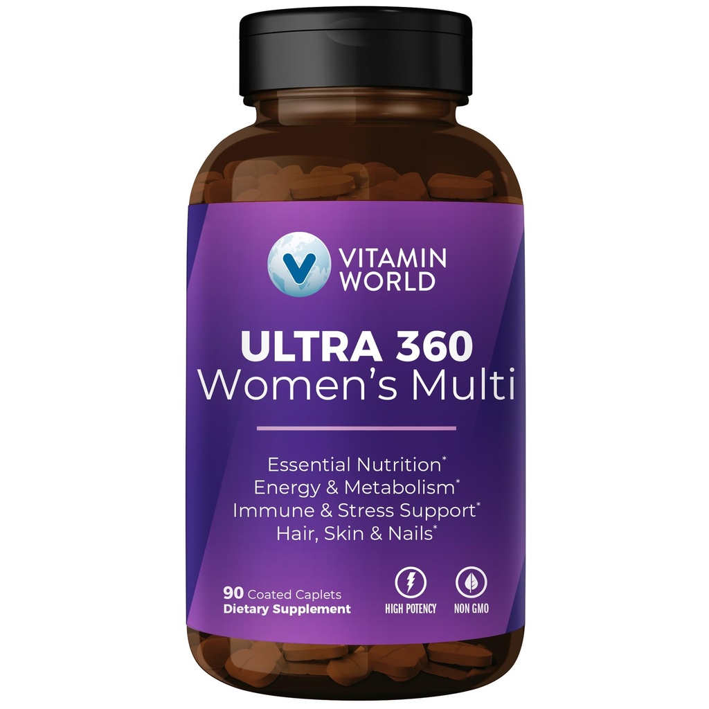Vitamine World Ultra 360 Multivitamine pour femmes, Multivitamine pour femmes avec herbes et collagène pour cheveux, peau et ongles, supplément avec fer, vitamine A, B, C, D, E pour support énergétique et immunitaire, 90 capsules