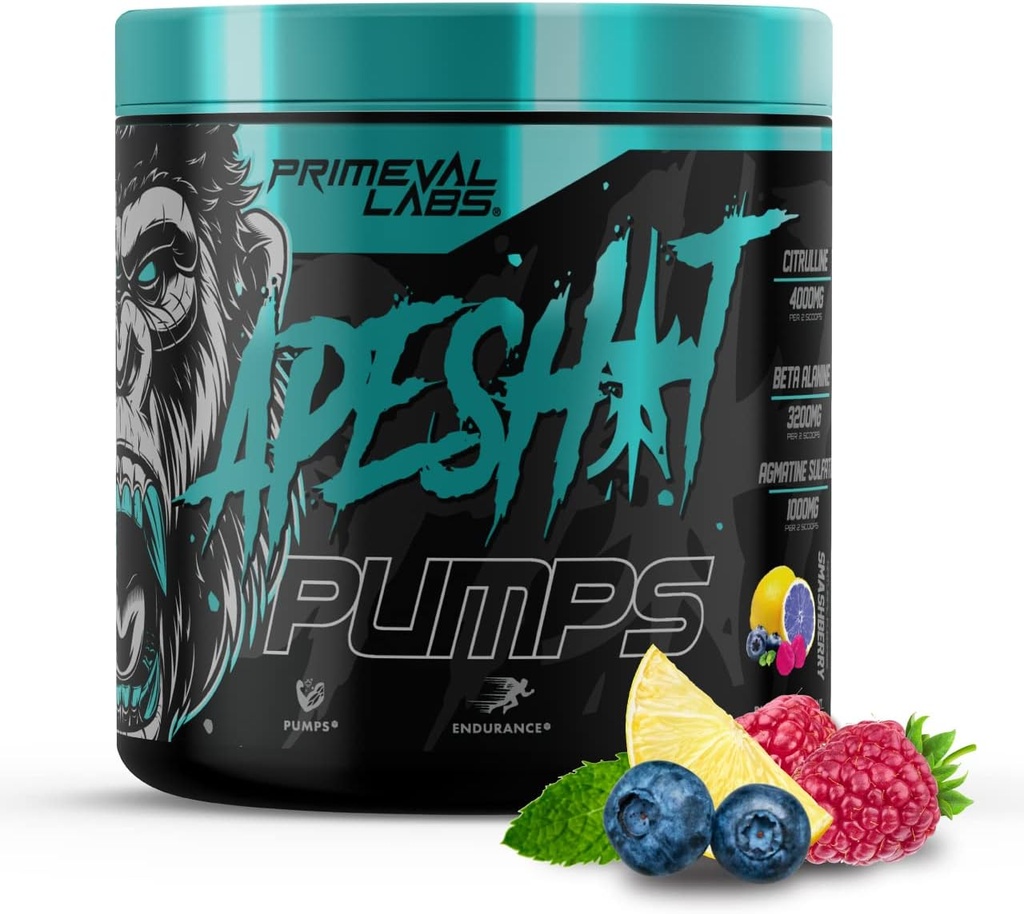 Primeval Labs Ape Pumps PreWorkout Powder for Men and Women 40 Serving, Smashberry | Caffeine Free | Nitric Oxide Pump Pre Workout Energy Drink, Intense Pumps, Strength, Beta Alanine, L Citrulline