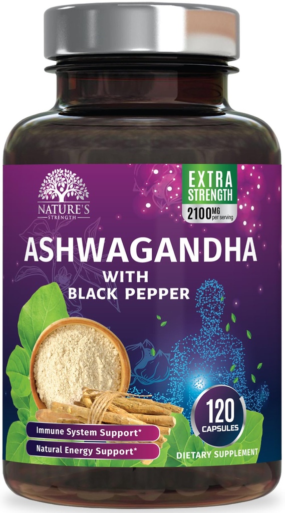 Ashwagandha Ergänzungen 2100mg - extra Stärke Ashwagandha Pulver & Root Extrakt mit schwarzem Pfeffer für maximale Absorption, pflanzliche Antioxidantien Ergänzungen für Frauen & Männer, Vegan, Non-GMO - 120 Kapseln
