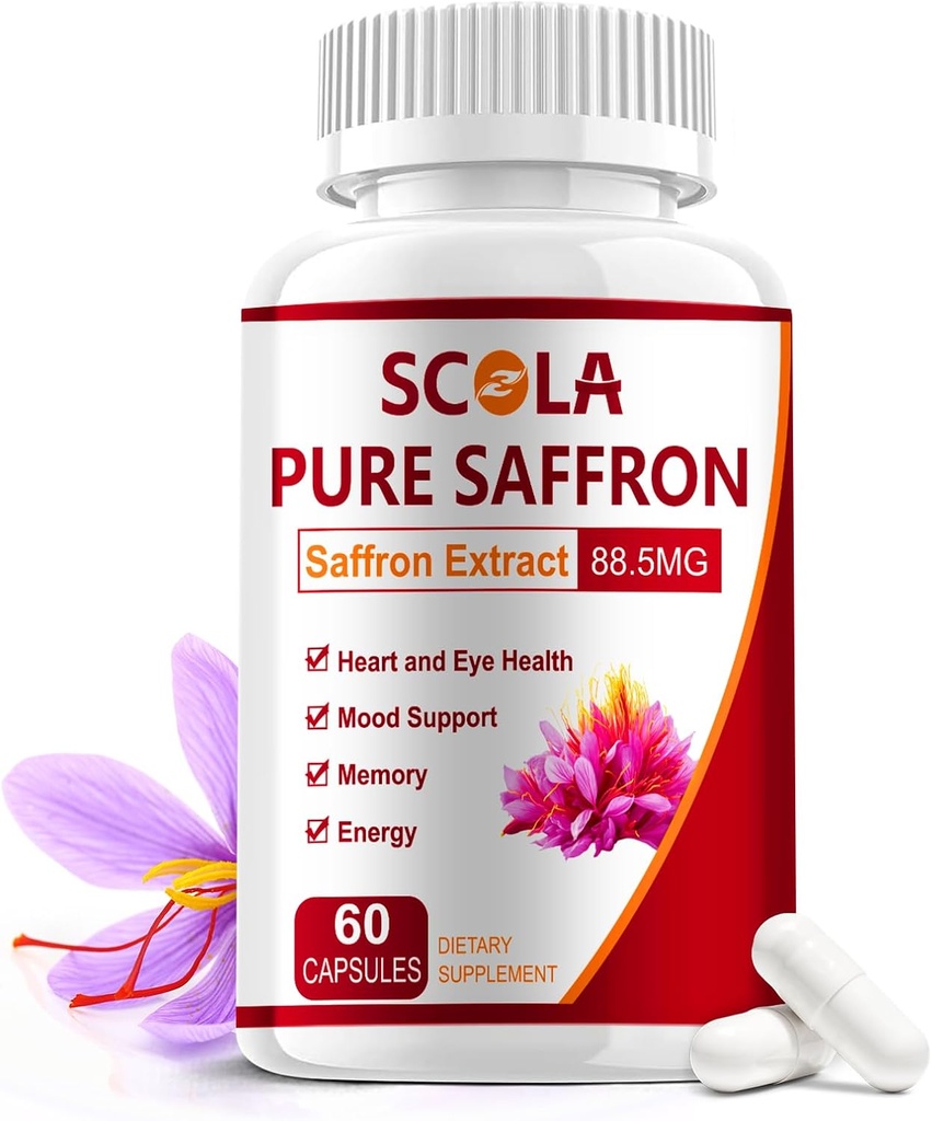 SCOLA Integratori di Zafferano, Pure 88.5mg Estratto di Zafferano per le donne e gli uomini, Aumenta l'energia, Integratori Comuni, Vegan, Non OGM, 60 capsule