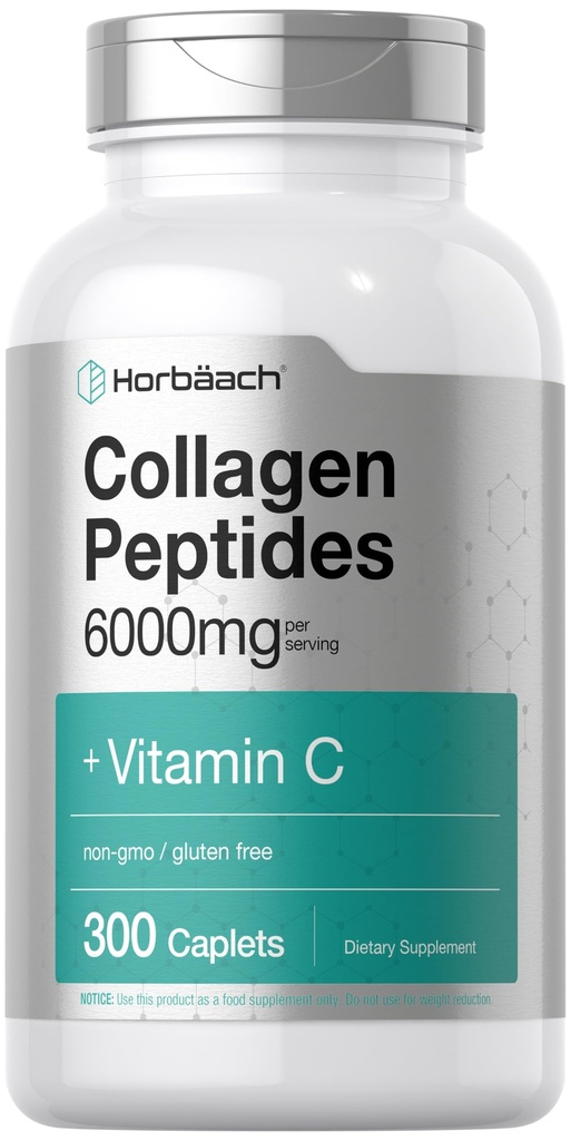 Horbäach Collagen Peptides 6000mg.300 Pills de caplet avec supplément de collagène hydrolysé de vitamine C. Non-OGM, sans gluten