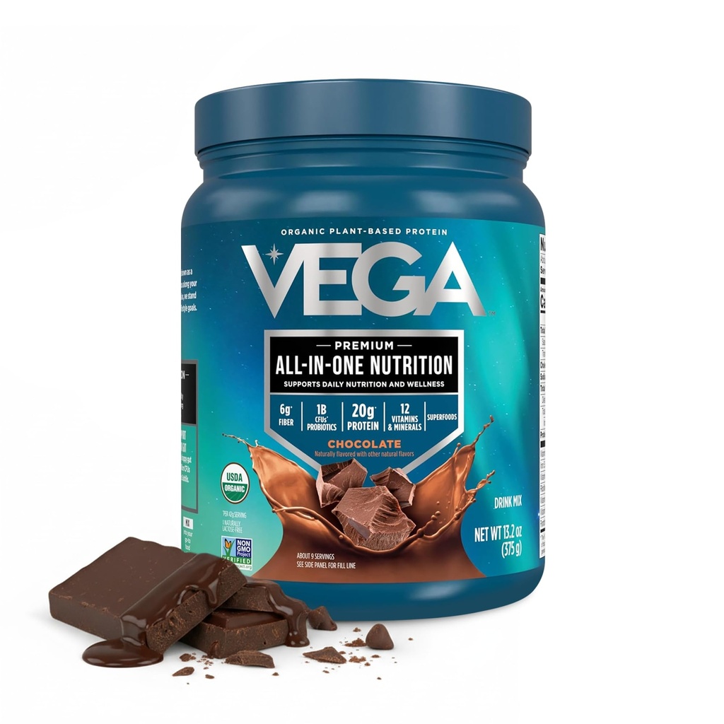 Vega All-in-One Nutrition Organic Vegan Protein Powder – Chocolate, 20g Protein Meal Replacement Shake – 13.2 oz (9 Servings)