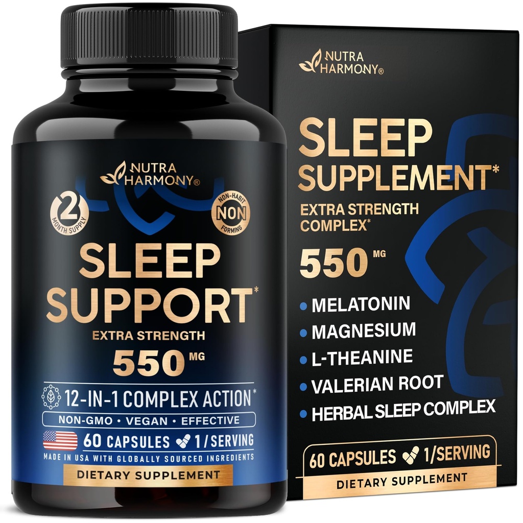 Schlaftabletten für Erwachsene 550mg - Melatonin 3mg | Valerian Root for Sleep | L-Theanin | Magnesium - Natural Sleep Aid Supplement - Non-Habit Forming Rest Support - Made in USA - 1/day, 2 Month Supply