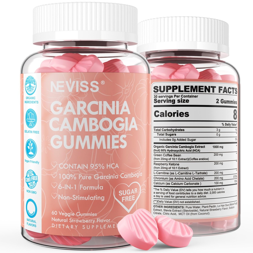 Zucker Kostenlose Garcinia Cambogia Gummie 1000mg 95% HCA reine Extrakt mit L-Carnitin, Himbeere Ketone, Chrom, Grüne Kaffeebohne für Stoffwechsel, 100% Bio-Extrakt, Vegan, Erdbeeren Geschmack 60 Cts