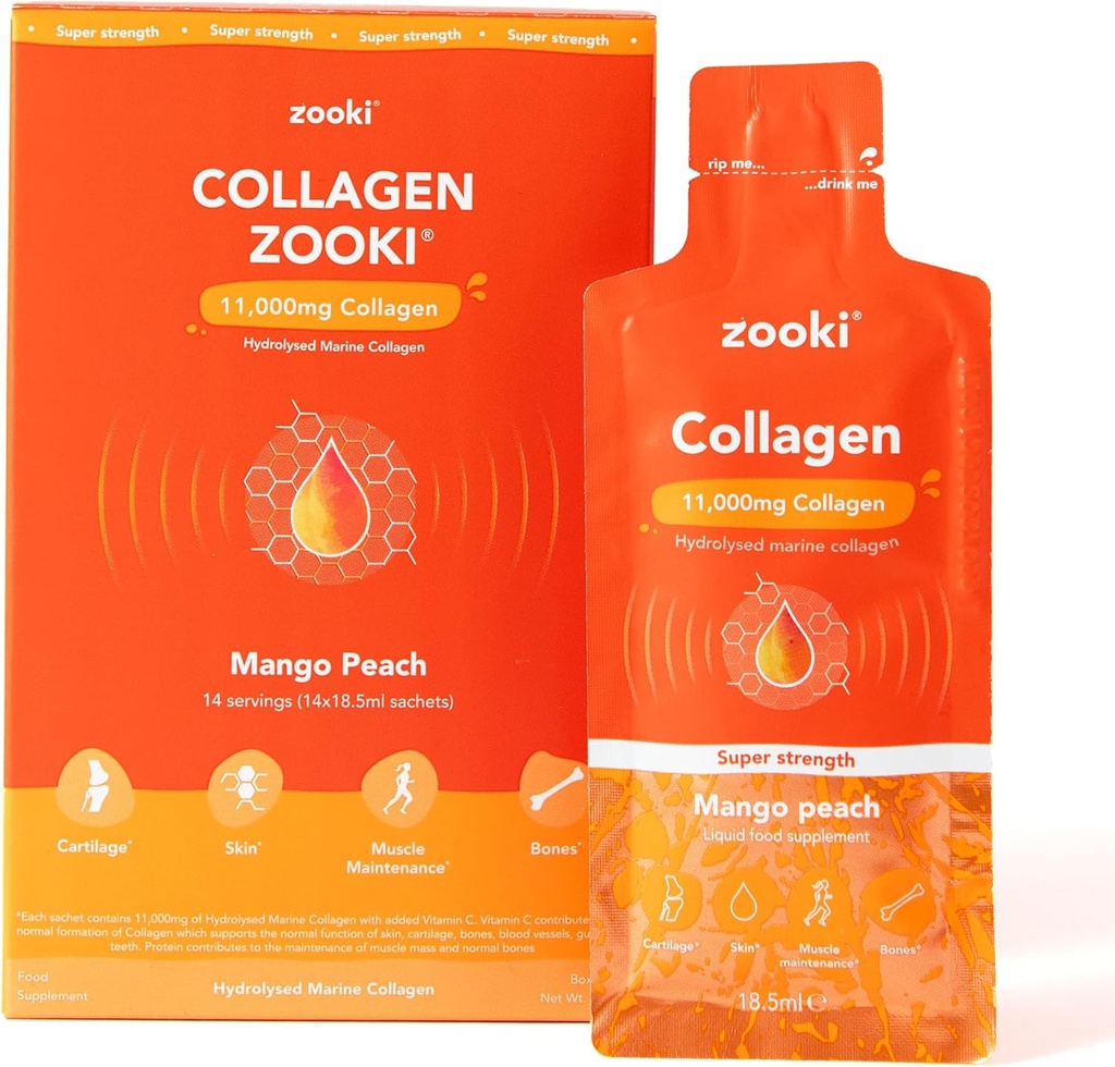 Zooki Super Forza Marine Collagen Liquid Sachets 11.000mg – Grande Gusto, Zucchero Libero – Integratori di Collagene Marine ad alta resistenza per donne & uomini – Pelle, Giunti & capelli (Mango Peach, 14 Serve)