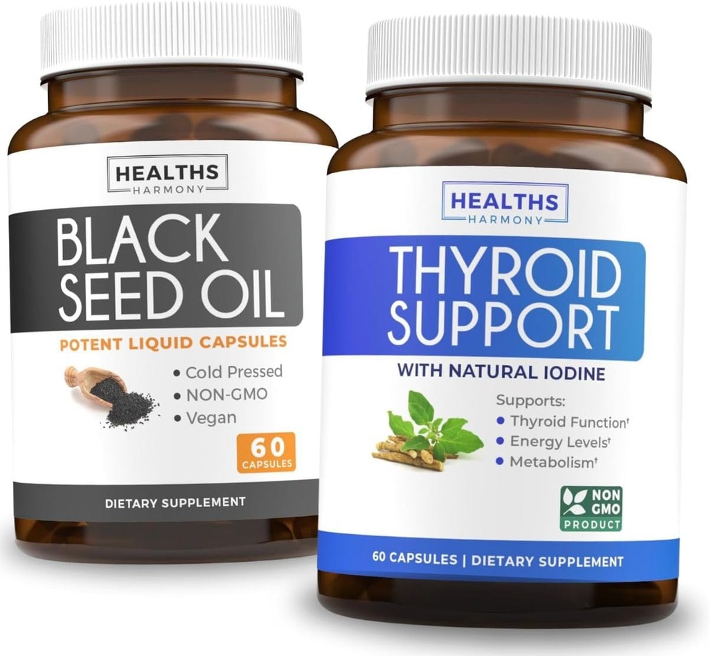 Tiroid Support & Black Seed Oil (1-Month) Black Seed Thyroid Boost - Supporto tiroide (60 capsule) Integratore sanitario & Black Seed Oil (60 capsule) Cold-Pressed Nigella Sativa - Non-OGM