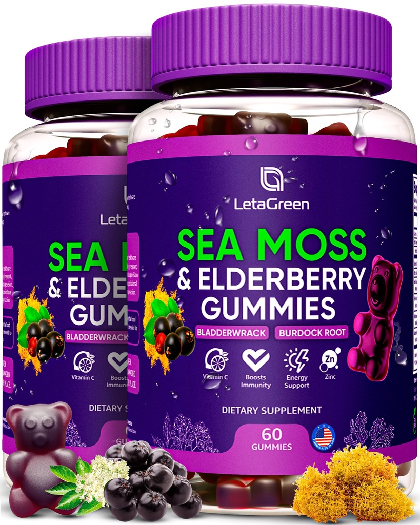 Irish Sea Moss Gummies – Sea Moss Bladderwrack Burdock Elderberry – 60 Vegan Seamoss Bears – Elderberry Gummies per bambini e adulti con vitamina C & Zinc (Pack of 2)