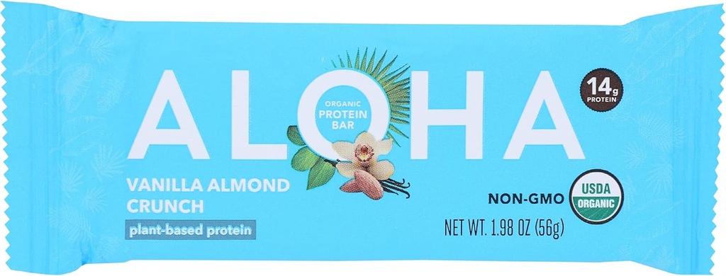 Barres protéinées amandes de vanille biologique d'Aloha, 14g de protéines végétales, certifiées biologique, sans gluten et non-OGM de l'USDA, 1,9 Oz (paquet de 12)