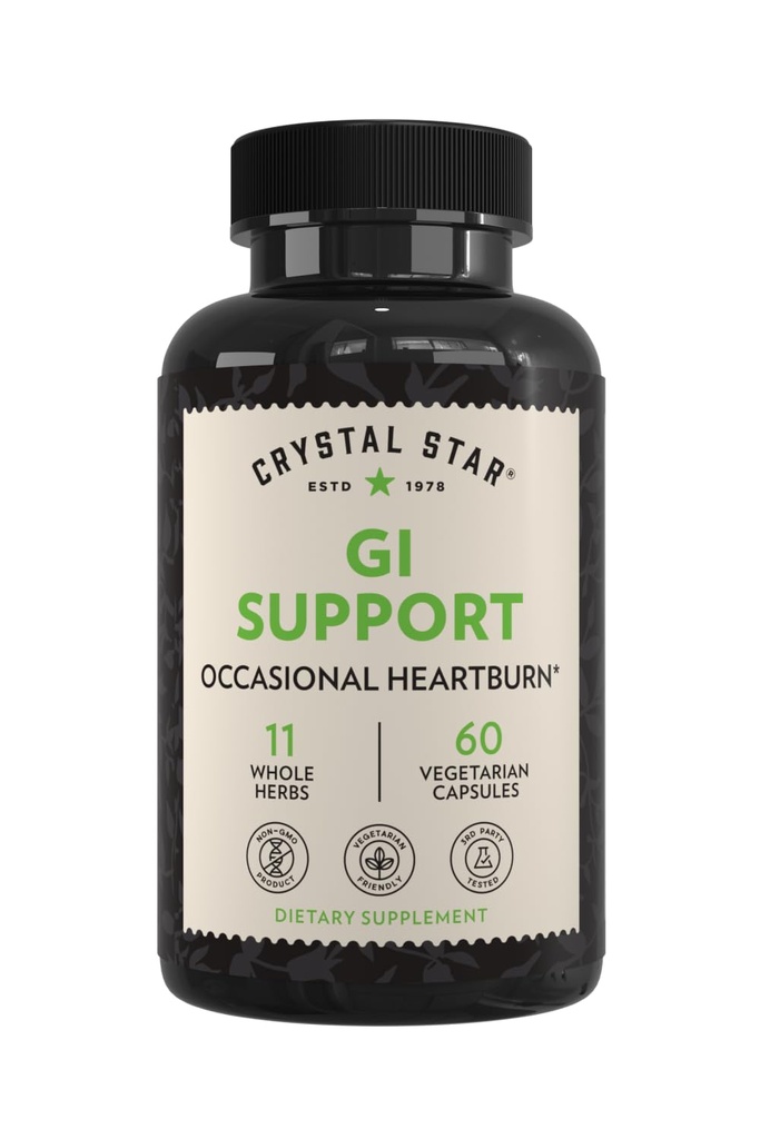 Cristallo Star GI Support Supplemento (60 capsule) – Herbal Gut Health Supplemento Che lenisce occasionalmente bruciore di stomaco e supporta il Reflux acido – Ginger, Slippery Elm Bark & Betaine HCL – Non-OGM