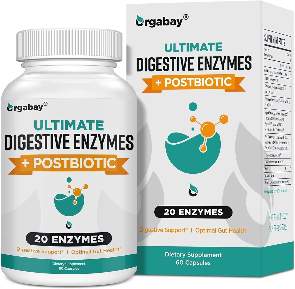 Orgabay Verdauungsenzyme 1000mg mit Postbiotika, 20 Enzymmischung für Bloating, Optimale Verdauung und Gut-Funktion, 60 Veggie Kapseln