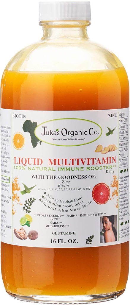 Juka's Organic Co. Liquid Multivitamin für Haut | Haare | Nägel mit Zink | Biotin | Baobab | Vitamin A-E |Traced Minerals, Aminosäure | Boost Immune, Energy & Digestive System in Glasflaschen 16oz