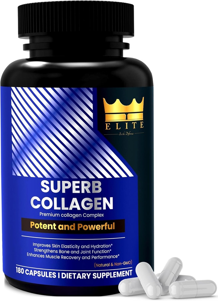 Crown Elite Superb Collagen | Multi-Tipe Premium Collagen Supplemento | Supporta l'idratazione della pelle, la crescita dei capelli, la flessibilità congiunta & Bone resistenza | Non-OGM, Grass-Fed | 180 capsule, per le donne e gli uomini
