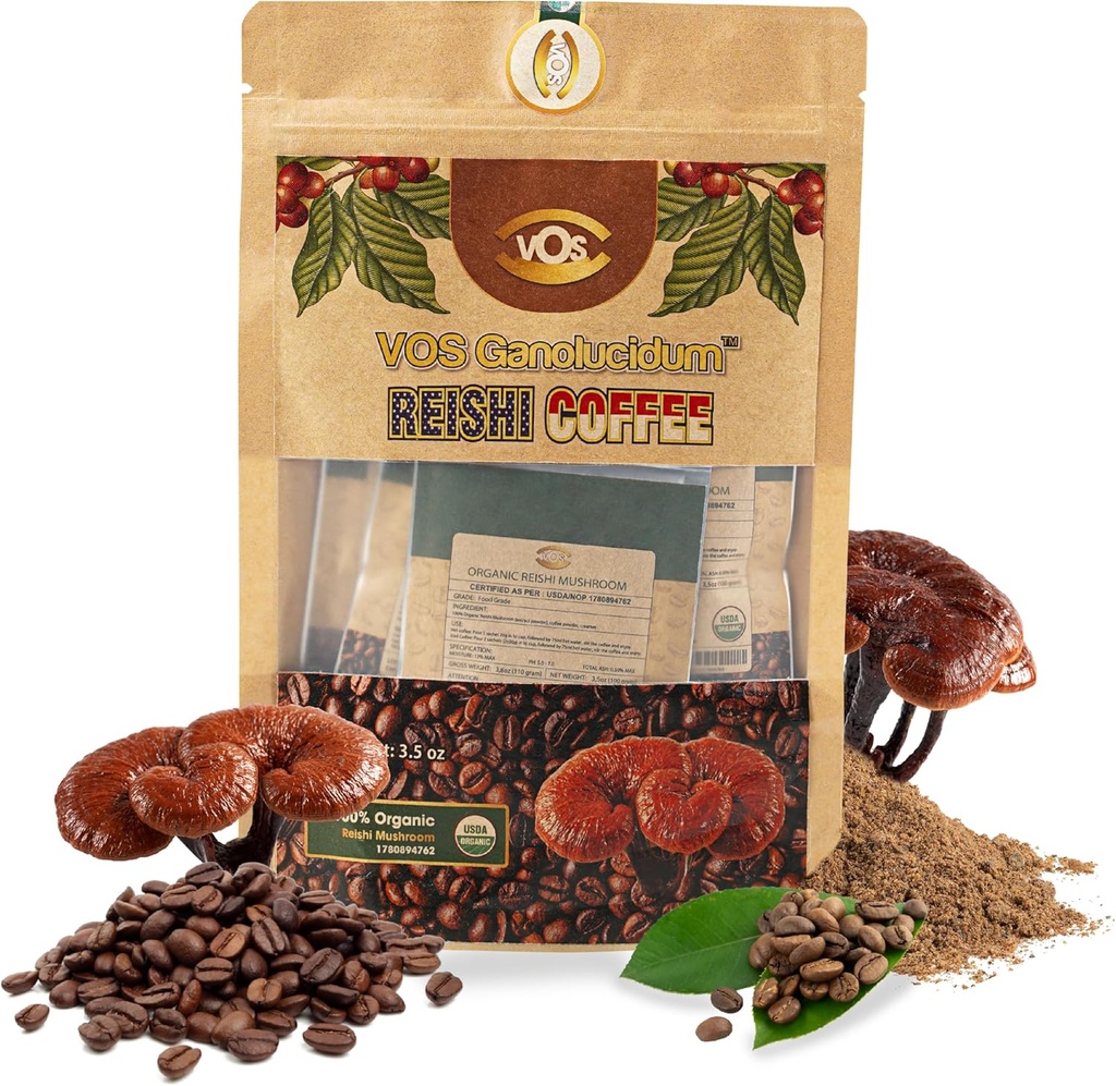 VOS GANOLUCIDUM - 100% Bio Reishi Kaffee, 2 in 1 Reishi Pilz mit Kaffee, 5 Beutel, Große Verkostung, Pilz-Ergänzung, Unterstützung für Energie &amp; Immunität Beilage (0.7 oz je)