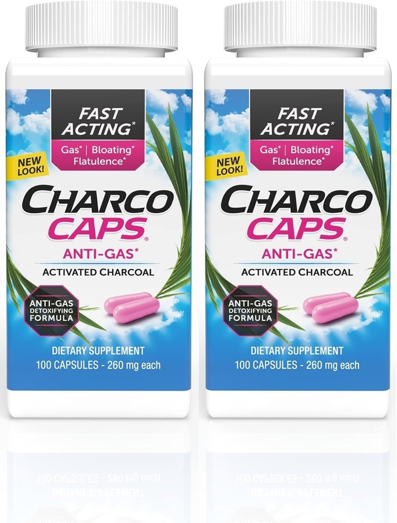 Charcocaps Fast Acting Gas Relief per Bloating & Flatulence, Droga Free Detoxifying Charcoal Formula, 100 capsule, 30 giorni di alimentazione, Pink- Pack di 2