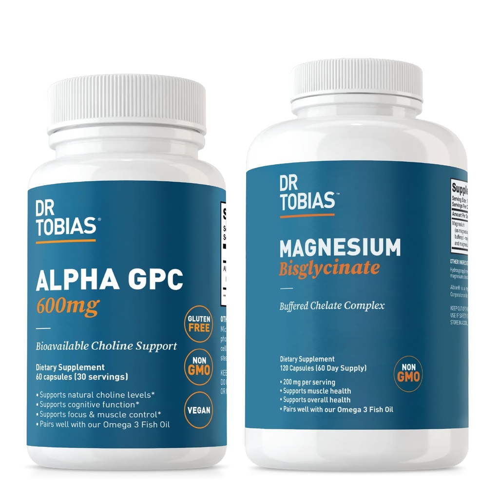 Dr Tobias Alpha GPC & Magnésium Bisglycinate - Soutenir la fonction cérébrale et la santé globale avec des suppléments d'absorption élevés, non-OGM