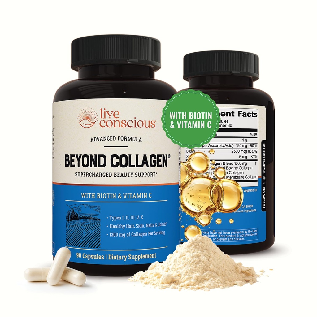 Consapevole Oltre il Collagene Multi Collagen Capsule - Tipi I, II, III, V & X - Miscela idrolizzata con Biotin & Vitamina C per Capelli, Pelle, Chiodi 90 Capsule