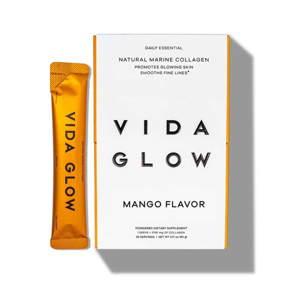 Vida Glow Marine Collagen Powder - Anti-Aging-Ergänzung mit Collagen Peptiden, fördert Glowing Skin, Starke Nägel, Gesundes Haar | 30 Servierungen, Mango Flavor
