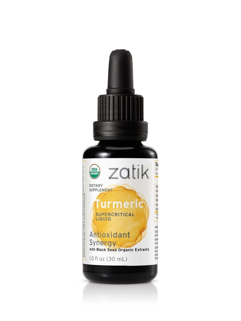 Zatik Naturals - Turmeric Supercritic Liquid Synergy with Black Seed Extrait de CO2 organique, antioxydant, pressé à froid, huile non raffinée, végétalien, non-OGM, organique, 1,0 fl oz.
