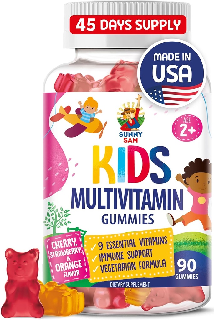 Gummie Multivitaminiche per bambini - 90 vitamine masticabili - Supplemento giornaliero con 14 vitamine essenziali per età 2 e superiore - Include vitamina A, C, D, E, Vegetariano B6 e B12, Zinco, Biotina