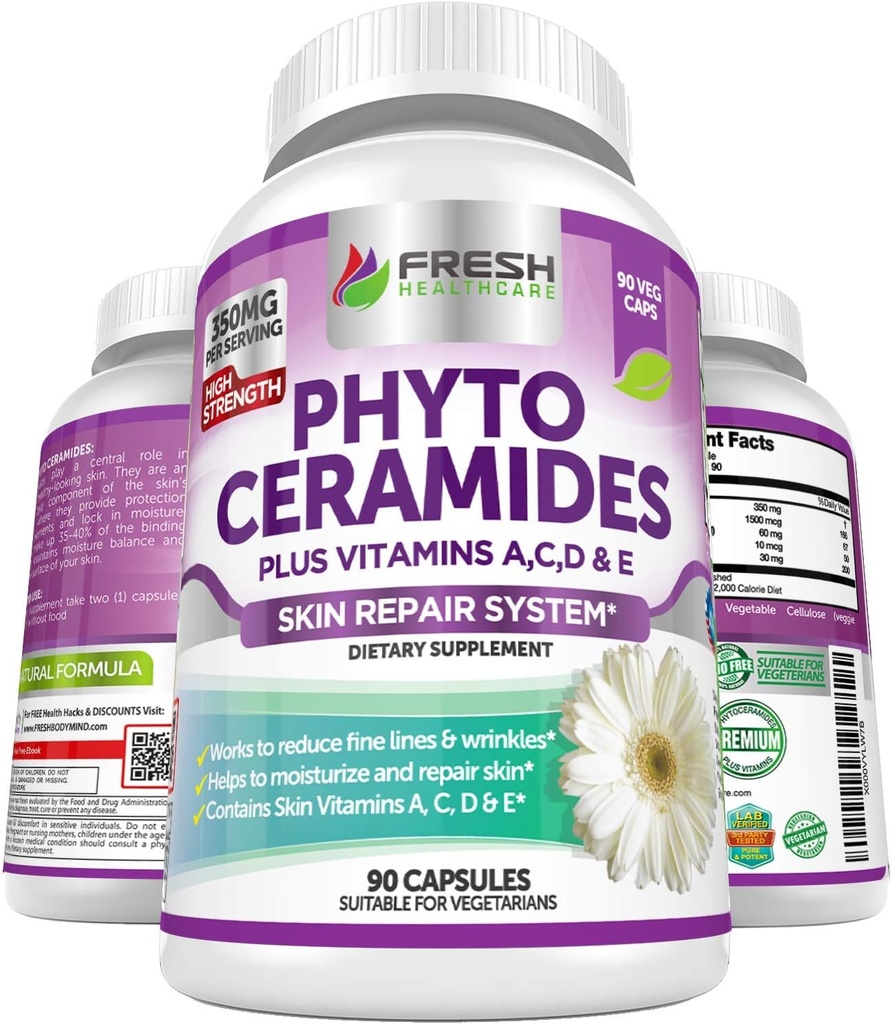 Phytoceramides - 3 mesi di alimentazione - Plus Skin Vitamins A,C,D & E per la riparazione e il ringiovanimento della pelle - Anti Aging Powerhouse per le linee e le rughe ridotte di igiene fresca