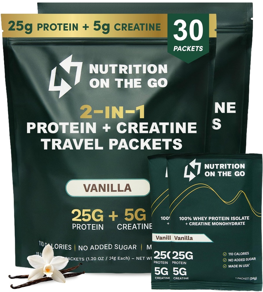 Nutrizione sui pacchetti Go Whey Protein Isolate con Creatina – 25g Protein + 5g Creatina – Polvere di proteine da viaggio singola – Vanilla (30-Pack)