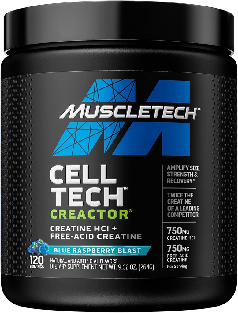 Kreatin Pulver | MuskelTech Cell-Tech Creactor | Kreatin HCI Formel | Muskelaufbau für Männer & Frauen | Kreatin HCI + Free-Acid Kreatin | Kreatin Ergänzungen | Blau Himbeer Blast, 120 Servierungen