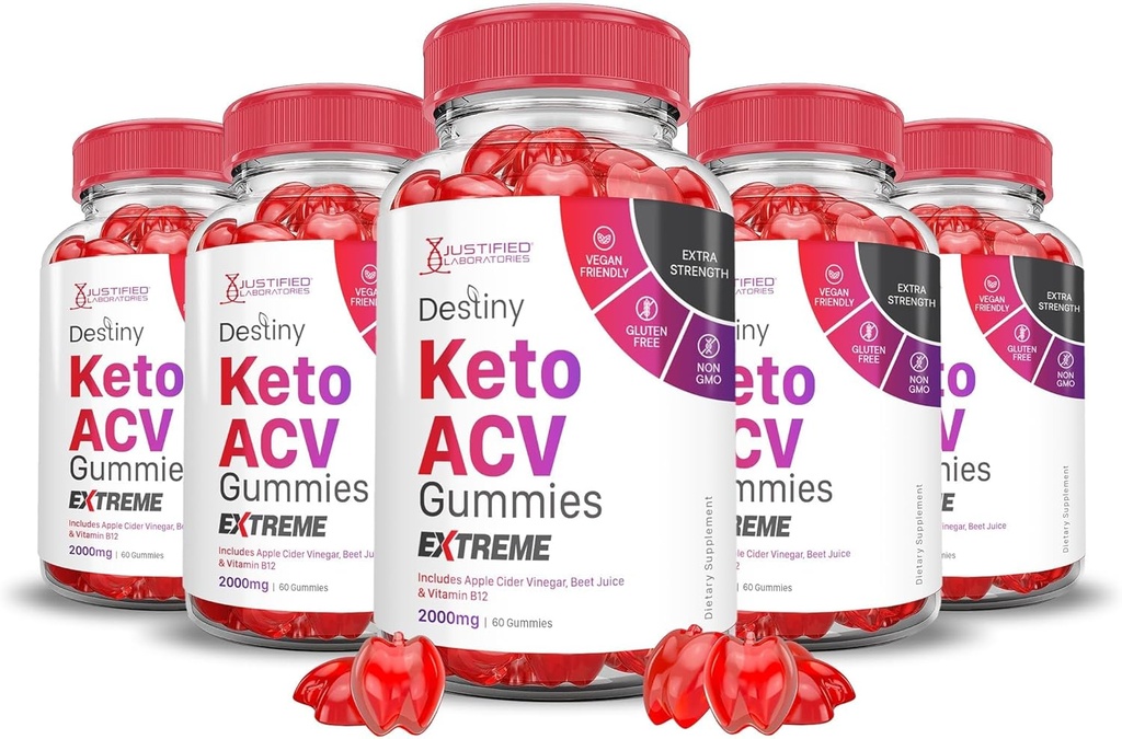 Justified Laboratories (5 Pack Destiny Keto ACV Gummis Extreme 2000MG Destiny Keto Gummies Advanced Formula Apple Cider Essig mit Granatapfelsaft Pulver B12 Vegan Non GMO 300 Gummys